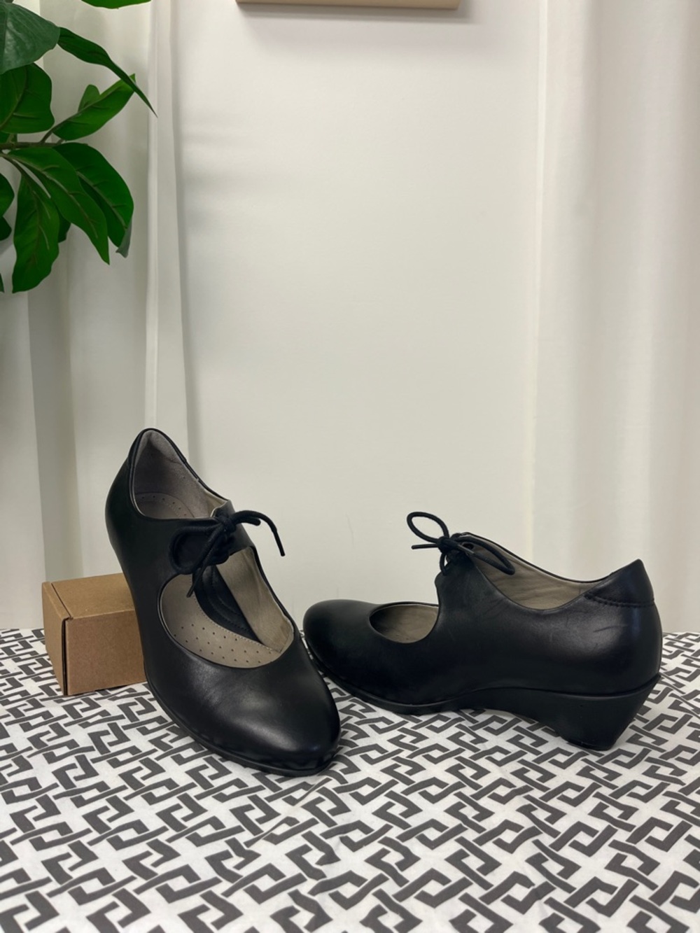 Ecco Black Leather Tie-Front Wedge Mary Jane Heels